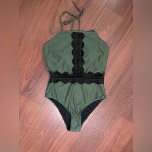 NWT Peddney olive, green black crochet peekaboo one piece swimsuit